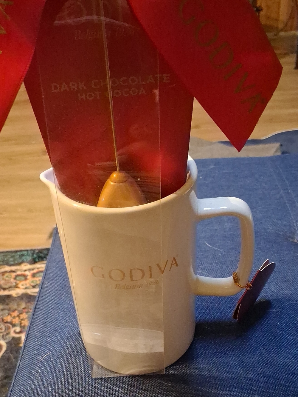 Godiva White Ceramic Mixing Mug with Godiva Hot Chocolate, A Frother, & Red Bow!